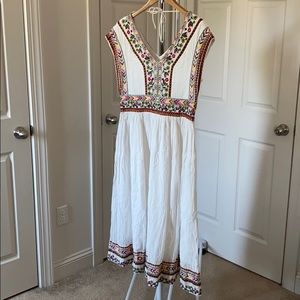 Sundance White Midi Dress with Multicolor Embroidered Trim